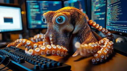 Curious Octopus at Work Surrounded by Computers Capturing the Essence of Marine Intelligence and Technology Integration