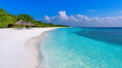 Fototapeta premium Idyllic Tropical Beach Scene Turquoise Water White Sand Luxury Vacation
