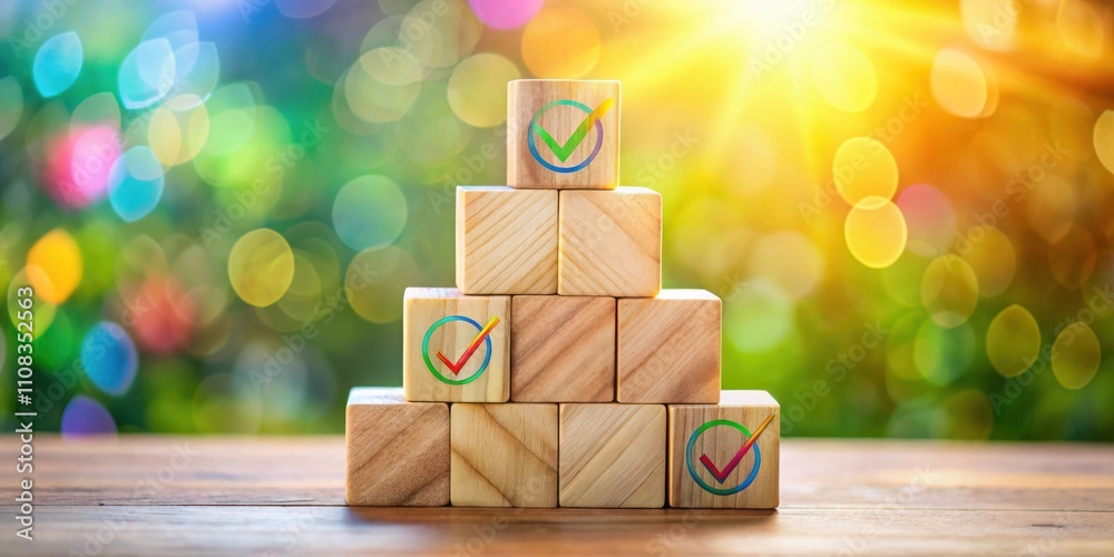 Aufkleber A pyramid of wooden blocks with check marks on each block, showcasing achievement and progress against a vibrant bokeh background.