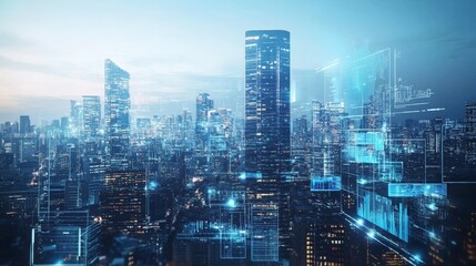 Obraz premium A skyline of a futuristic city with sleek buildings, holograms, and advanced tech displays