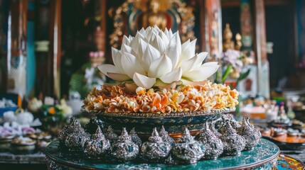 Serene Lotus Flower Offering at a Buddhist Temple Celebration