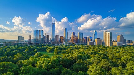 Obraz premium A skyline with iconic architecture in front of a large city park filled with trees