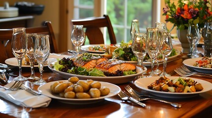 Fototapeta premium A well-lit family dinner table adorned with plates of home-cooked food, including baked salmon, roasted potatoes, and a fresh garden salad 