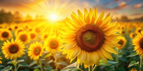 Obraz premium A radiant sunflower blooms in a field of golden sunshine, its petals reaching for the sky in a vibrant display of nature's beauty.