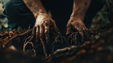 Hands of an Individual Working with Soil and Roots in Natural Environment