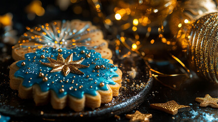 Fototapeta premium Colorful decorated cookies with festive decorations displayed on a dark background