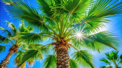 Obraz premium Sunlight filtering through lush palm fronds against a vibrant blue sky, creating a captivating tropical paradise