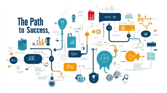 A structured roadmap labeled "The Path to Success," illustrating actionable steps and strategies to reach business objectives; designed with visual clarity, icons