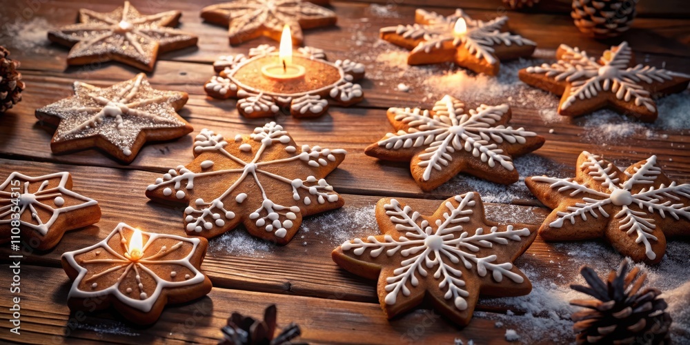 Aufkleber warm glow of candlelight illuminates delicate snowflake gingerbread cookies on rustic wooden surface