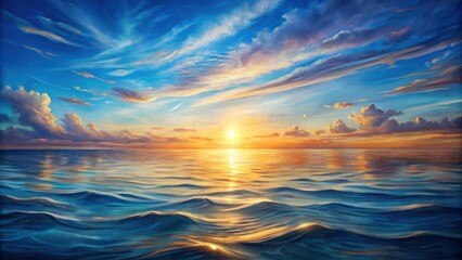 Obraz premium The sun sets over the ocean, painting the sky with vibrant hues of orange, pink, and blue. The golden light reflects on the gentle waves, creating a mesmerizing spectacle of nature's artistry.