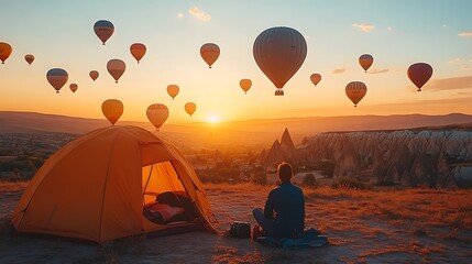 Fototapeta premium A camper sitting at the entrance of their tent, admiring dozens of colorful hot air balloons floating gracefully over a vast desert plain at sunrise, the golden light illuminating the sand dunes,