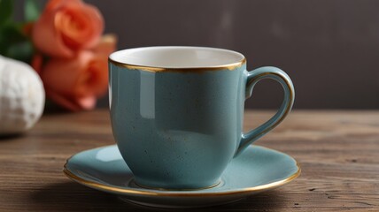 Obraz premium Here's a caption and keywords for your stock photo.. Teal teacup and saucer on wooden table with roses.