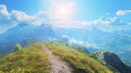 Fototapeta premium A sunny summer hike up a mountain, with clear skies and a scenic view