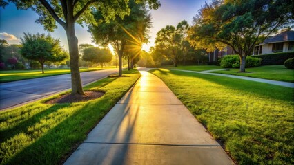 Obraz premium A paved sidewalk meanders through a serene neighborhood with lush green lawns, casting long shadows of the surrounding trees as the sun sets in the distance.