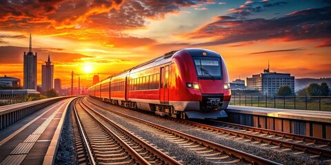 Naklejka premium Romantic Sunset Train Ride - European Modern Red Train