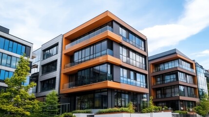 Obraz premium Modern urban architecture with sleek design elements and large glass windows against a bright blue sky