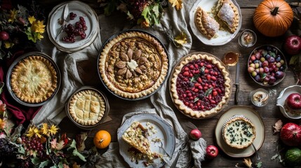 A Thanksgiving table filled with a variety of dishes, pies, and autumn decor