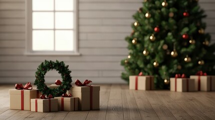 Festive Christmas Room Decor Presents Tree Wreath Wooden Floor