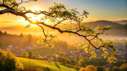 Fototapeta premium A tree branch silhouetted against a golden sunrise, showcasing the vibrant colors of nature and the tranquil beauty of a distant, rolling landscape.