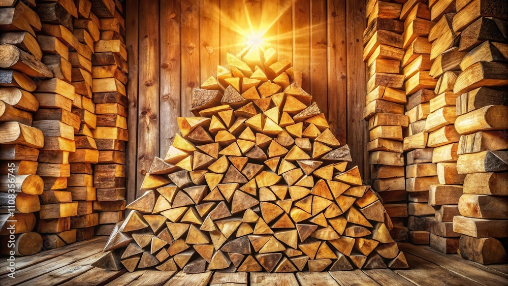 Aufkleber A Stack of Firewood Arranged in a Triangular Pattern Within a Wooden Shed, Illuminated by a Sunbeam Shining Through the Roof, Creating a Dramatic and Textured Composition