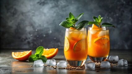 Two refreshing citrus cocktails garnished with mint and orange slices, served on a rustic table with ice cubes and a dark backdrop