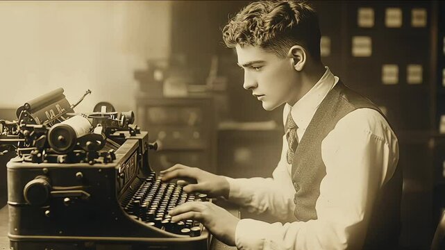 Person in vintage clothing operating telegraph machine, sending message in old-fashioned communication style