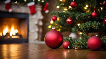 A cozy living room with a fireplace and a Christmas tree. The room is decorated with Christmas lights and a wreath