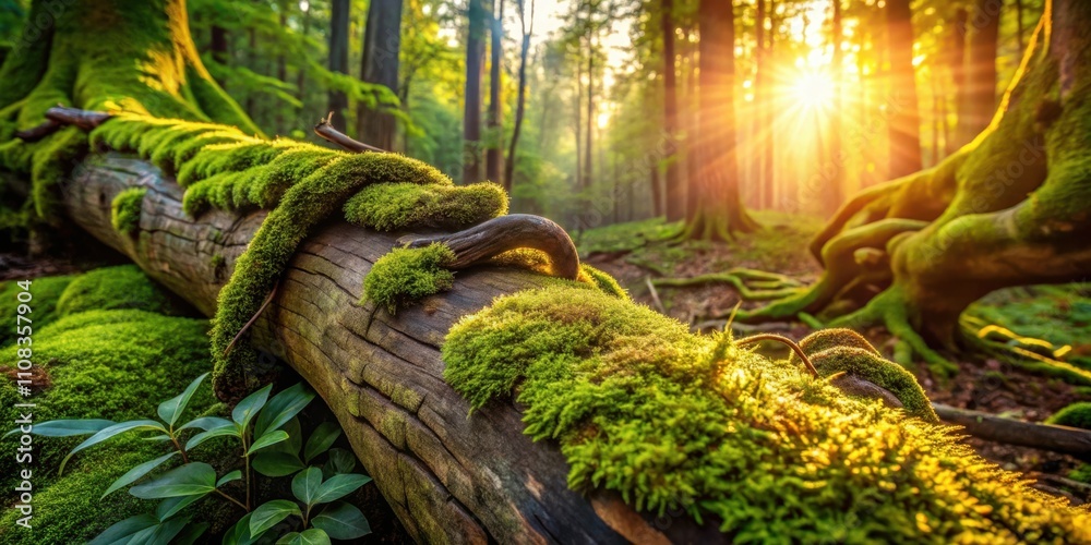 Poster Sunlight filters through the trees, illuminating a moss-covered fallen log in a lush forest, casting long shadows and creating a tranquil atmosphere