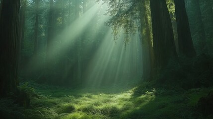 Obraz premium Sunbeams Through Tall Trees and Fog in a Lush Forest