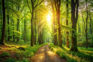 Fototapeta premium Spring Forest Landscape AI Photo, Lush Green Trees, Sunlight, Trails