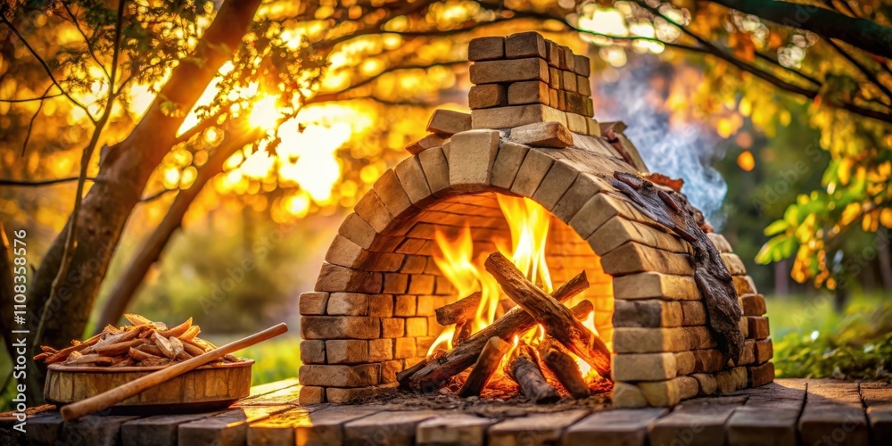 Poster a brick oven with a roaring fire inside, surrounded by trees and golden sunlight, creating a cozy an