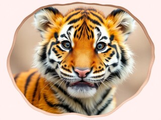 Obraz premium A cute tiger peeking out from a hole in a pastel background, centered in the frame, centered, animal, wildlife