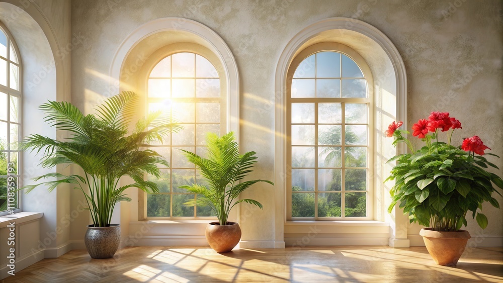 Aufkleber sunbeams illuminate a spacious room with arched windows, showcasing lush greenery and vibrant flower