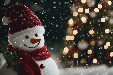 Fototapeta premium Festive snowman in winter wonderland with christmas lights and falling snowflakes