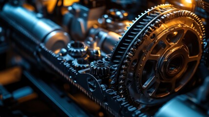 Fototapeta premium Close-up of intricate metal gears and components within a complex machine.