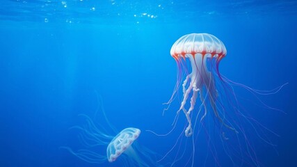 A mesmerizing jellyfish with countless smaller jellyfish in its tentacles, floating in a surreal blue body of water, underwater, generative AI, mesmerizing