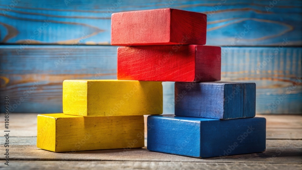 Poster a stack of colorful wooden blocks arranged in a pyramid shape, resting on a wooden surface with a bl