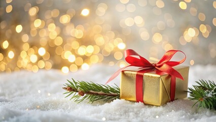 A golden gift box adorned with a vibrant red bow rests gently on a snowy surface, bathed in the soft glow of festive lights.