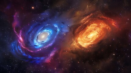 Obraz premium Cosmic Dance: Blue and Orange Galaxies Collide in Stellar Symphony
