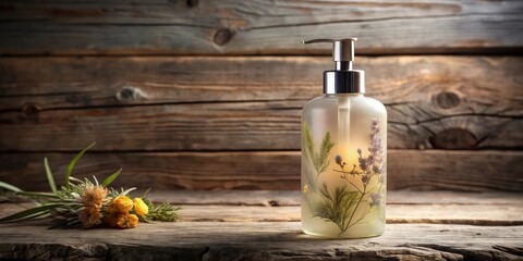A rustic wooden background with a pump bottle filled with preserved flowers and a bouquet of yellow wildflowers resting on the surface.