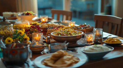 Vibrant culinary feast with diverse dishes and decorations at festive gathering