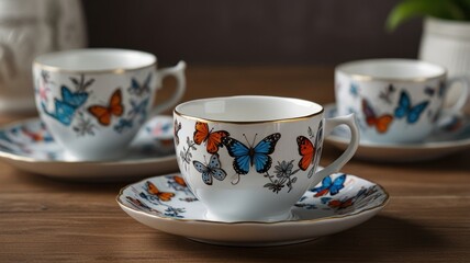 Fototapeta premium Three elegant teacups and saucers with butterfly designs on a wooden table.