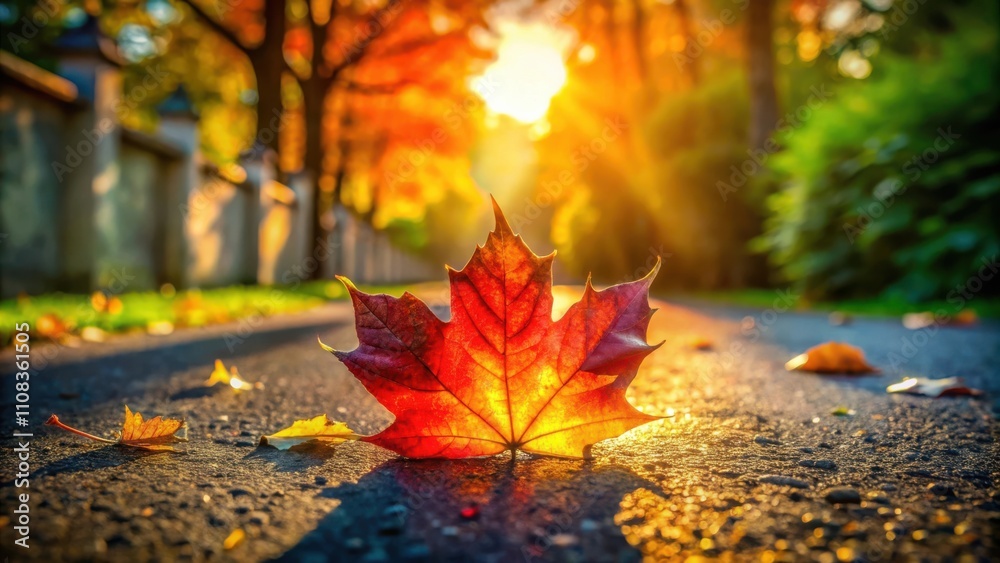 Poster a single crimson leaf bathed in the golden glow of the setting sun, resting on a quiet path surround