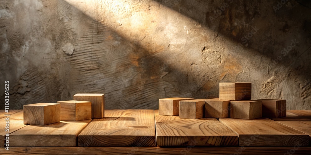 Poster Rustic Wooden Blocks Displayed on a Weathered Tabletop with a Beam of Light Shining From Above