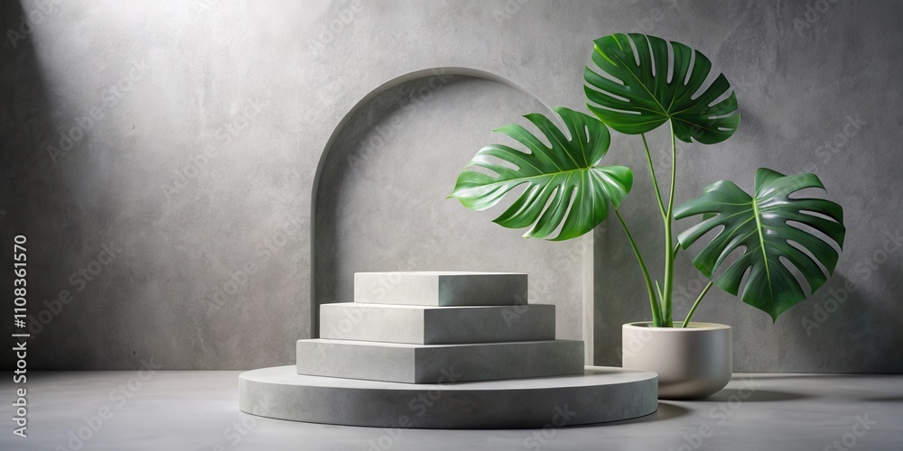 Poster a minimalist display featuring a stepped podium and a potted plant with large green leaves against a