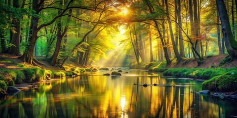 Obraz premium A serene woodland river bathed in the golden glow of dawn, with sunbeams filtering through the lush canopy, reflecting in the still water, creating a breathtaking spectacle of nature's artistry.