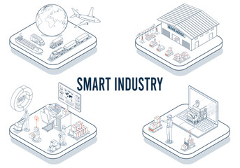 Smart Industry integrates IoT, cloud computing, AI, machine learning, and other digital technologies to revolutionize manufacturing.  Vector illustration eps10