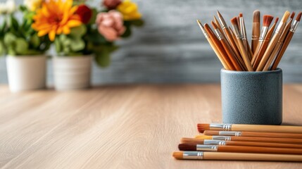 Collection of Paintbrushes in Holder with Flowers in Background on Wooden Table Surface