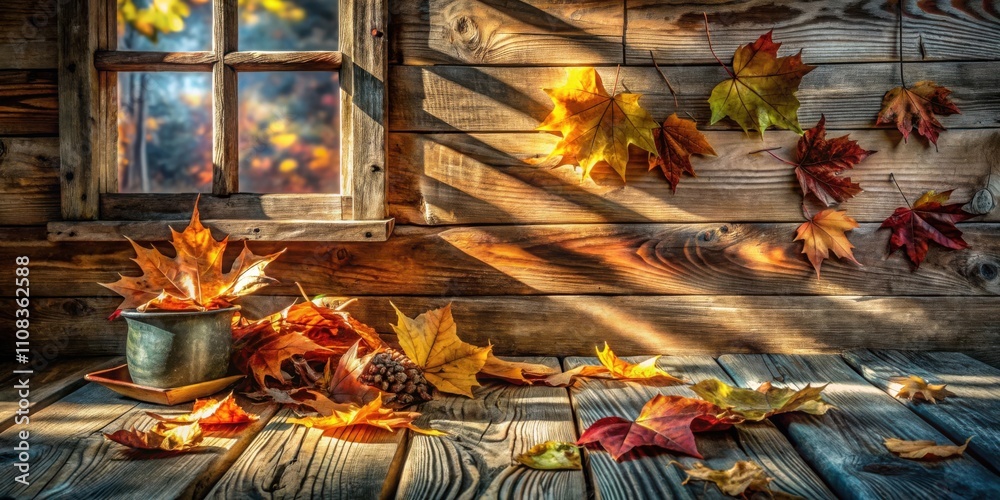 Poster autumn leaves scattered on a weathered wooden surface, basking in the warm glow of sunlight streamin