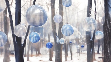 Translucent Spheres Hanging In Winter Woods